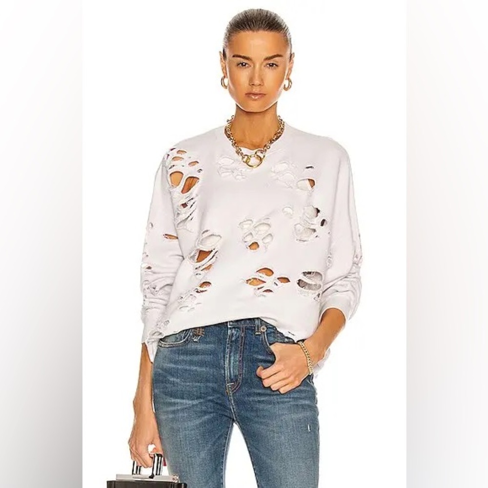 R13 Super Distressed White Crewneck Sweatshirt